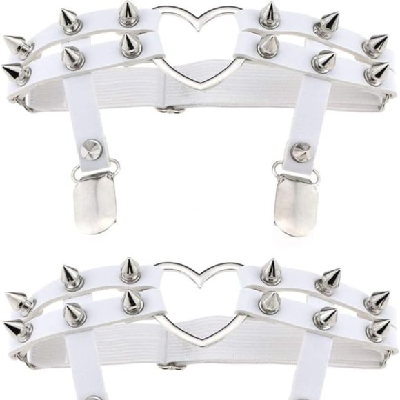 White Leather Heart Rivet Stud Garters - Picture 1 of 2